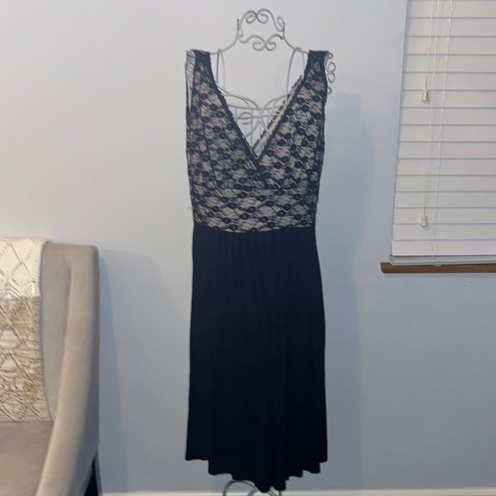 Mai Tai black Dress lace upper with nude illusion upper and flowy skirt